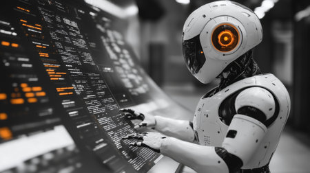 3d rendering humanoid robot working with programming code on the screen.の素材