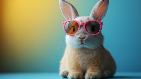 Cute rabbit wearing pink sunglasses on blue background with copy space.の素材