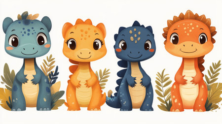 Cute cartoon dinosaurs set isolated on white background. Vector illustration.の素材