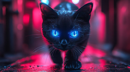 Black cat with blue eyes in neon light on a dark background.の素材