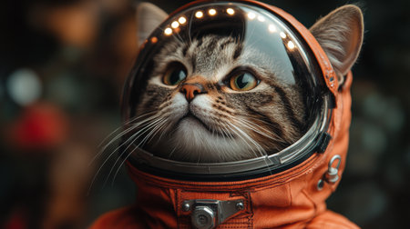 Close up portrait of a cat wearing an astronaut's helmet. Space concept.の素材