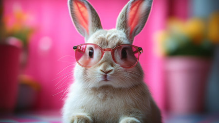 Cute rabbit with glasses on blurred background, easter holiday conceptの素材