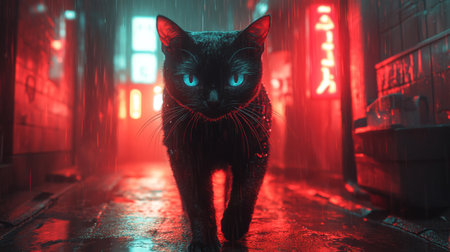 Halloween concept. Black cat in the rain. 3d renderingの素材