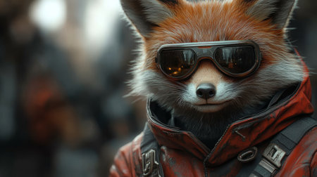 Portrait of a red fox wearing aviator sunglasses on the streetの素材