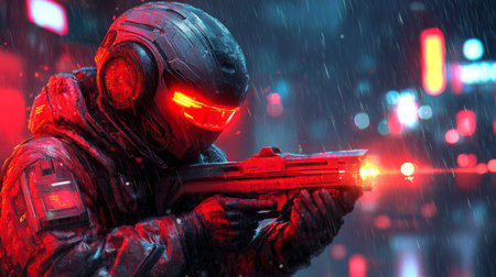 Man in a gas mask and with a gun in his hands in the rainの素材