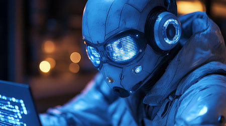 Astronaut in space suit working on a laptop at night.の素材