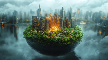 Mini planet earth with cityscape on the background. 3d renderingの素材
