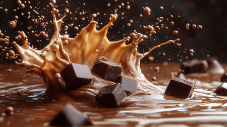 splashing hot chocolate with chocolate pieces, close-up, macroの素材