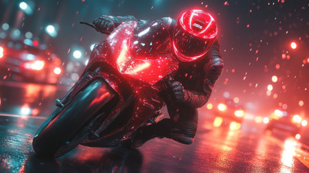 Racing motorcycle on the road at night with fog and lights.の素材