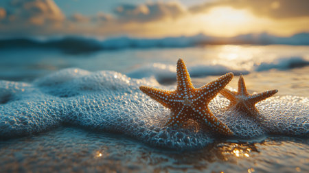 Starfish on the beach at sunset. Travel and vacation concept.の素材