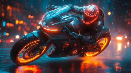 Racing motorcycle in the rain on the road close-up.の素材