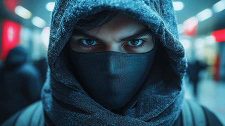 Portrait of a man in a black mask with a hood.の素材