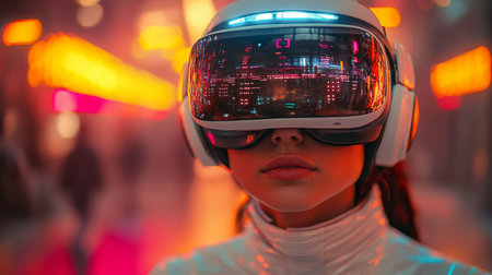 Portrait of a futuristic woman wearing virtual reality goggles in a futuristic interiorの素材