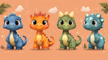 Cute dinosaurs cartoon characters set isolated on orange background. Vector illustrationの素材