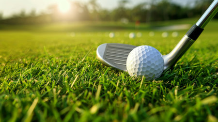 golf club and ball tee on grass field.の素材