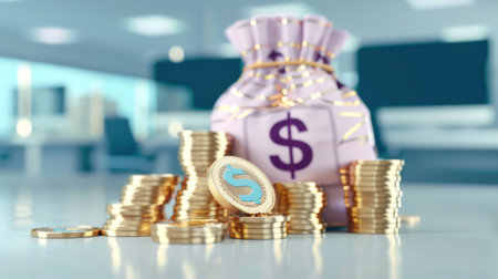 money bags and coin stack saving in background.の素材