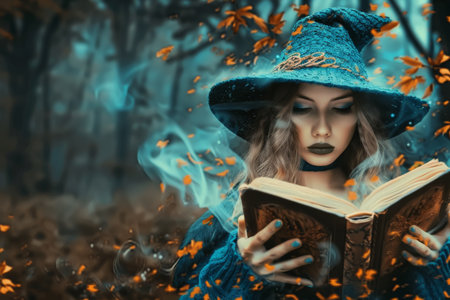 witch girl with magic book of spells.の素材