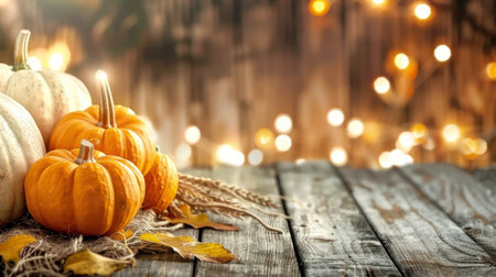 Pumpkins and autumn leaves on a wooden background with bokehの素材