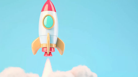 Rocket flying in the blue sky. 3D illustration. Copy space.の素材