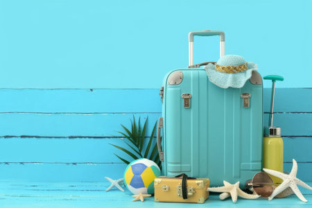 Suitcase with beach accessories on blue wooden background. Travel conceptの素材