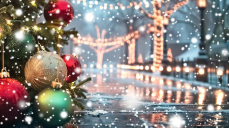 Christmas and New Year holidays background with bokeh lights and decorationsの素材