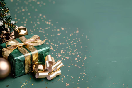 Christmas and New Year background with green gift box, fir tree branch and golden confetti.の素材