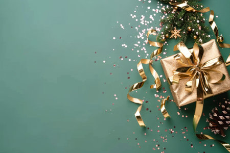 Christmas background with fir tree, golden gift box and confetti on green backgroundの素材