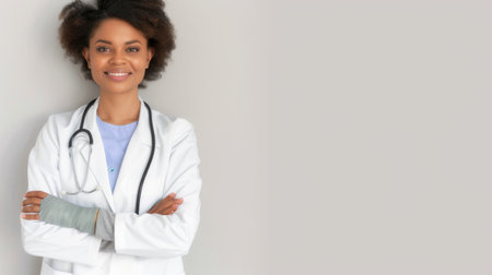 Medical physician doctor woman over blue clinic background.の素材