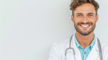 Close-up portrait of cheerful lauging young male doctor with stethoscope around neck.の素材