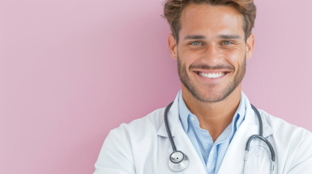 Close-up portrait of cheerful lauging young male doctor with stethoscope around neck.の素材