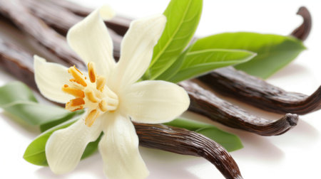 Vanilla flower and pods with leaves on a white background.の素材