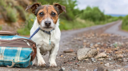 dog abandoned and left all alone on the road with luggage bag.の素材