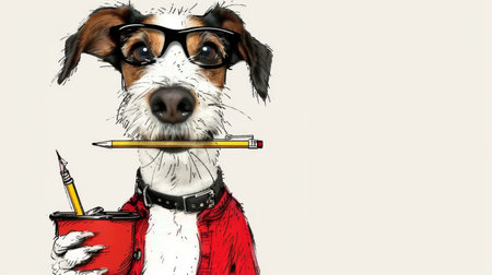dog with pencil in mouth wearing nerd glasses for work.の素材