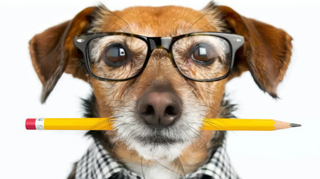 dog with pencil in mouth wearing nerd glasses for work.の素材