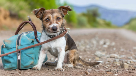 dog abandoned and left all alone on the road with luggage bag.の素材