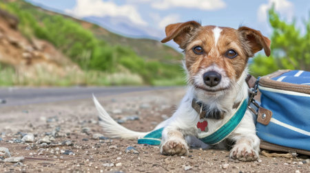 dog abandoned and left all alone on the road with luggage bag.の素材