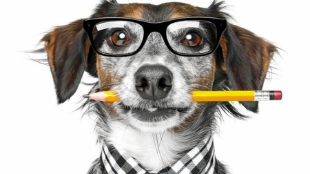 dog with pencil in mouth wearing nerd glasses for work.の素材
