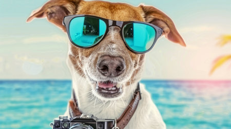 dog taking pictures with a fancy photo camera.の素材