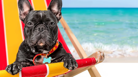 French bulldog dog on a beach chair.の素材