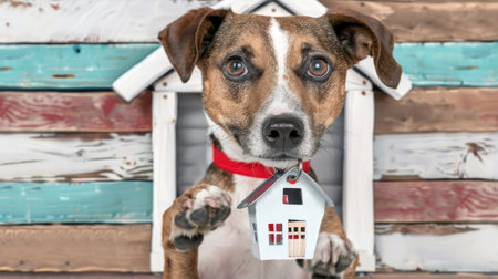 dog holding a small house and a red key.の素材