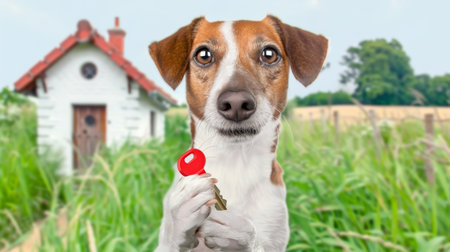 dog holding a small house and a red key.の素材