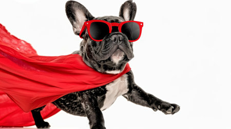 super hero French bulldog dog with red cape and sunglasses for justice and strength on white background.の素材