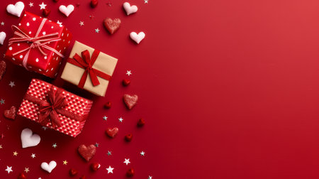 Valentine's day gift. Banner design with present box and hearts on red background.の素材