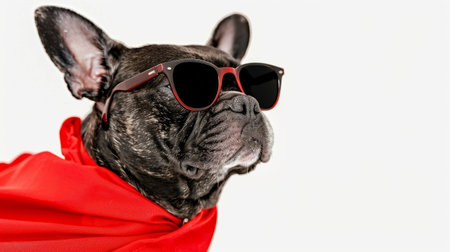 super hero French bulldog dog with red cape and sunglasses for justice and strength on white background.の素材