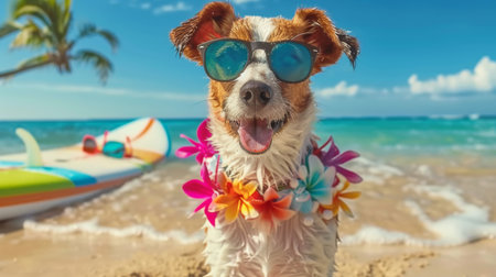 jack russell dog at the beach with a surfboard wearing sunglasses and flower chain at the ocean shore.の素材