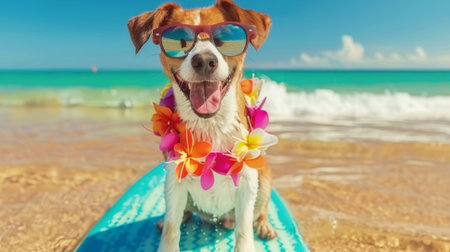 jack russell dog at the beach with a surfboard wearing sunglasses and flower chain at the ocean shore.の素材