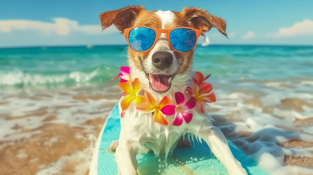 jack russell dog at the beach with a surfboard wearing sunglasses and flower chain at the ocean shore.の素材
