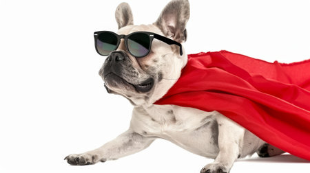super hero French bulldog dog with red cape and sunglasses for justice and strength on white background.の素材