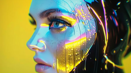 portrait of a woman with brutalist porcelain skin texture, shiny rangoli led neon particles.の素材