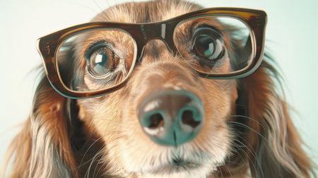 Funny little dachshund wearing glasses distorted by wide angle closeup.の素材